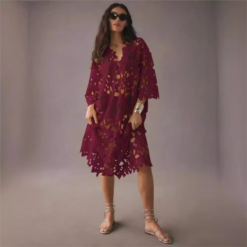 Seductive Elegance: Sexy Lace Hollow Out V-Neck Beach Dress